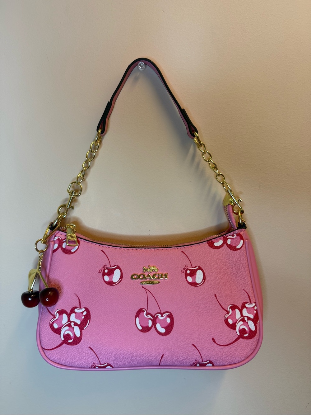 Coach Pink Cherry Print Shoulder Bag with Gold Hardware